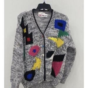 Vintage 80s Abstract Geometric Hand Knit Cardigan Women Large Artsy Pastel 90s